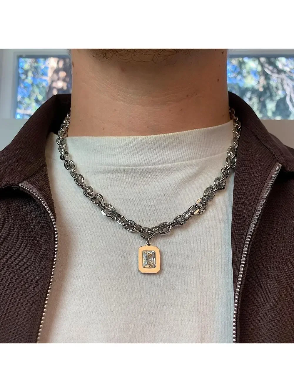 Stainless Steel White Opal Pendant Y2K Style Necklace. Unisex. Brand New. 18-.